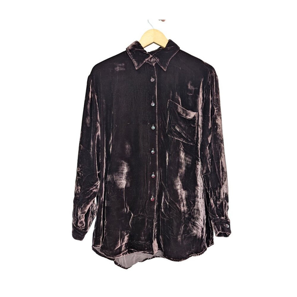 Jones & Co Velvet Button-Down Shirt Silk Blend Deep Plum Brown Size M - Picture 4 of 8
